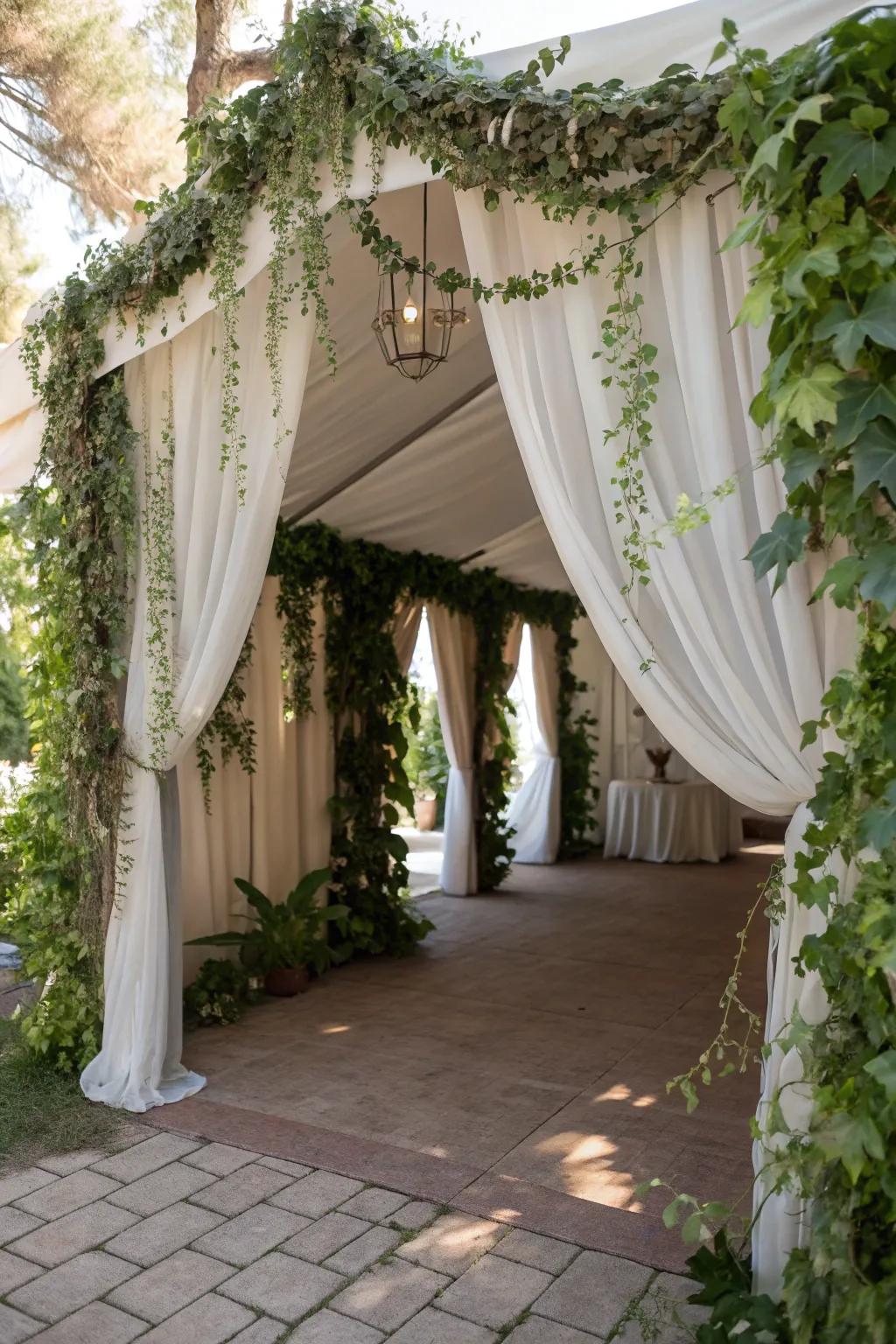 A beautifully adorned tent entrance creating a grand impression.