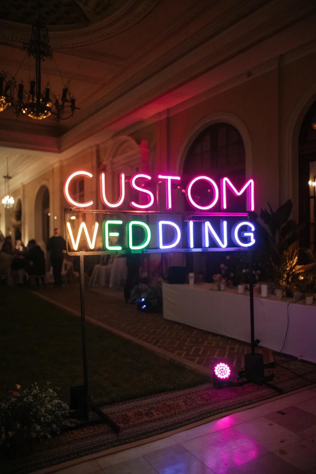 Neon signs emit a modern, vibrant glow, illuminating your special day.