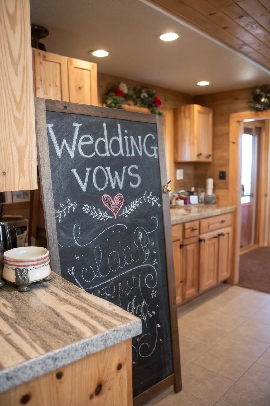 Homemade charm with writing board vows in a rustic kitchen.