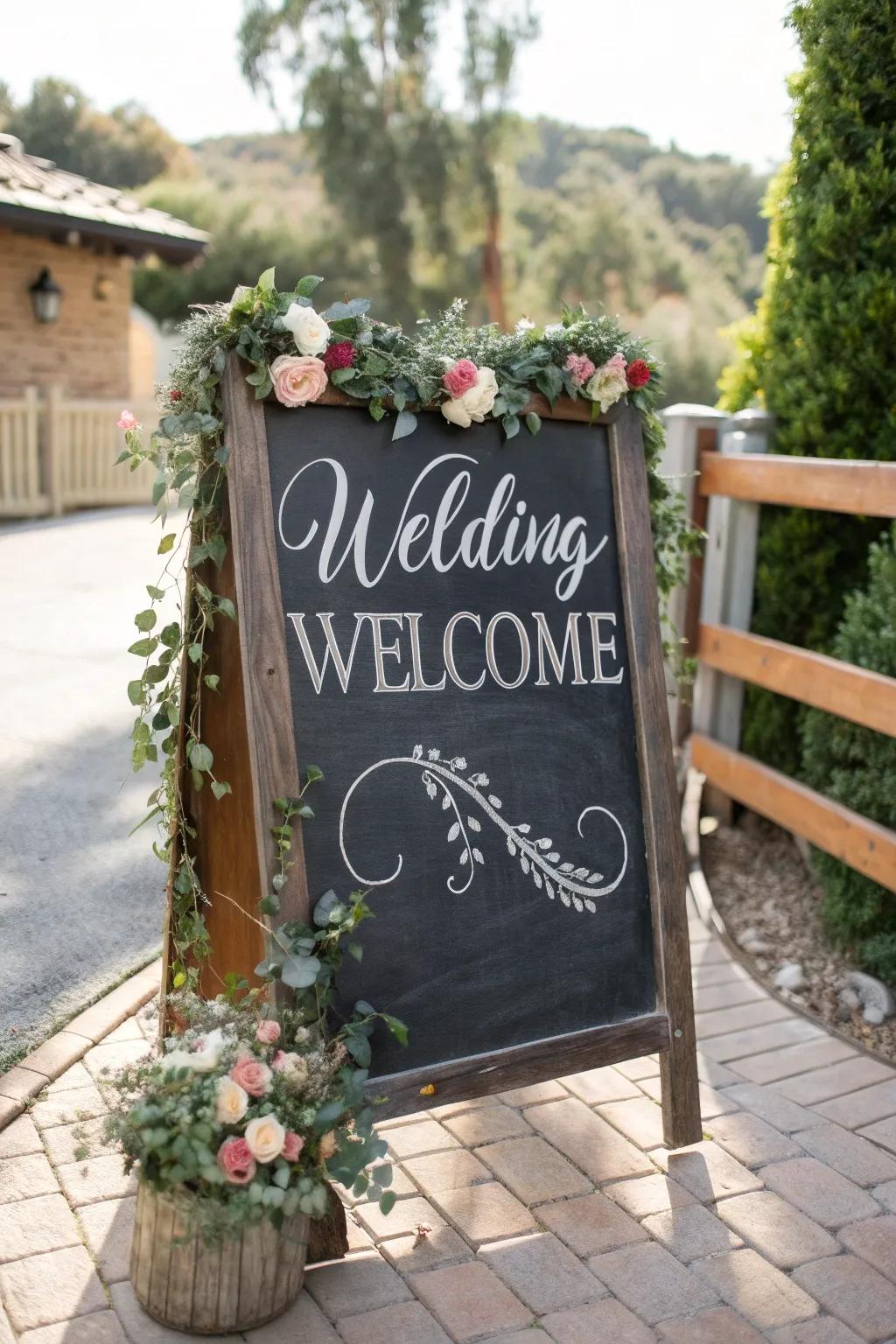 A classic blackboard welcome board decorated with botanical swags, creating a timeless look.