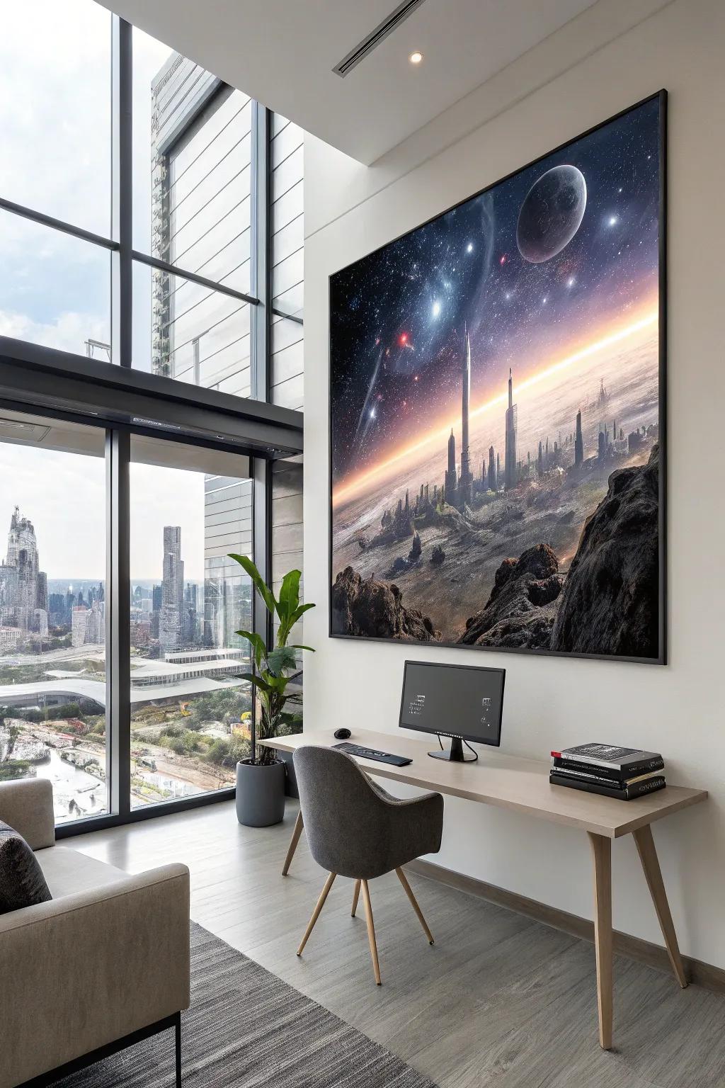 A scene of tomorrow's world painting establishing a state-of-the-art tone within a domestic office.