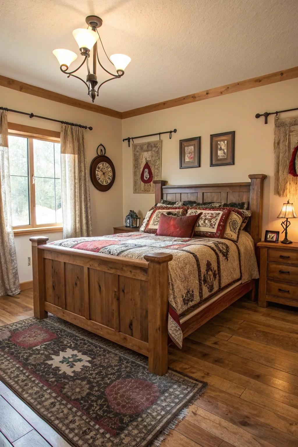 A bespoke bed frame anchors the room with western elegance.