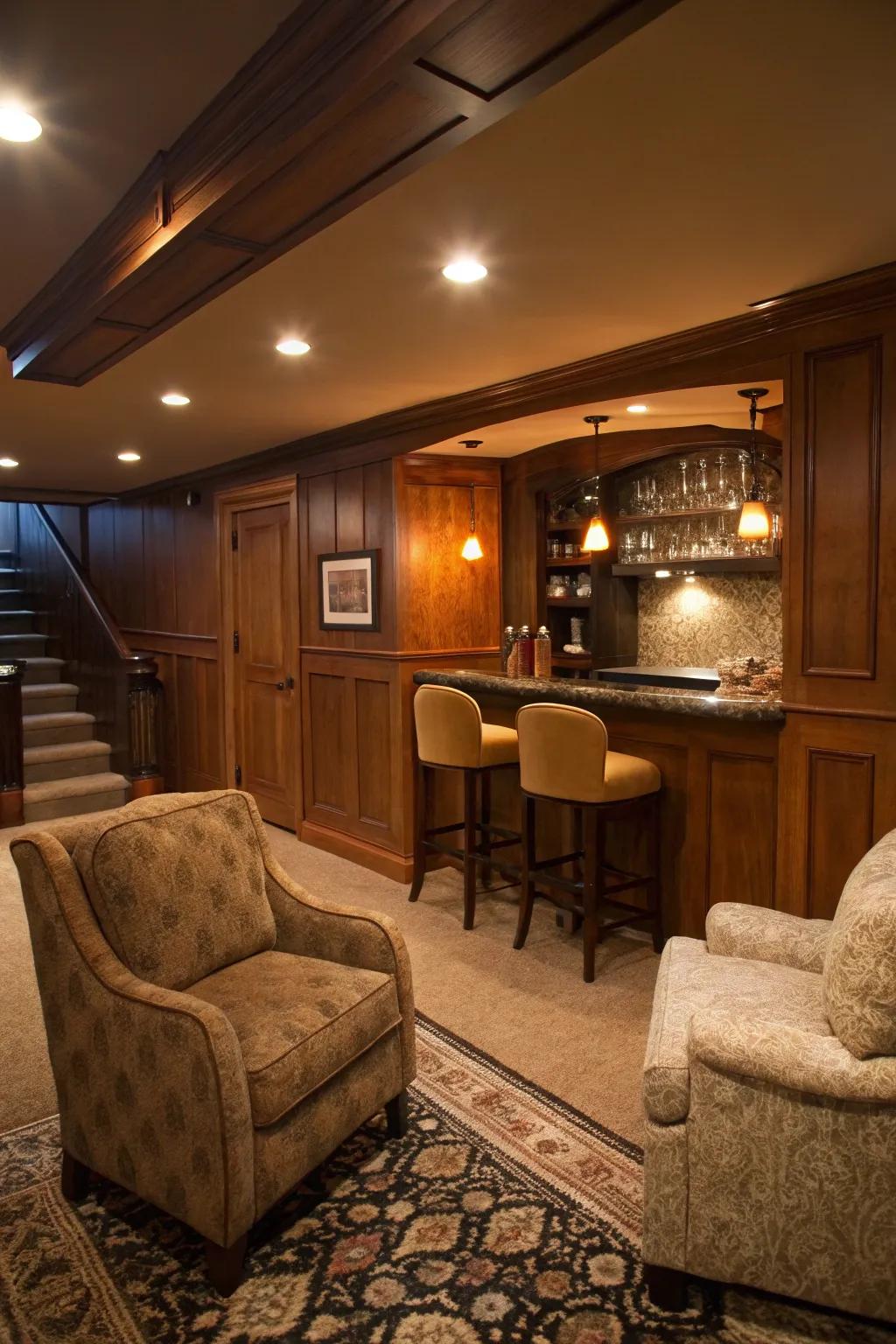 A cozy nook can transform a corner of your basement into a welcoming wet bar area.