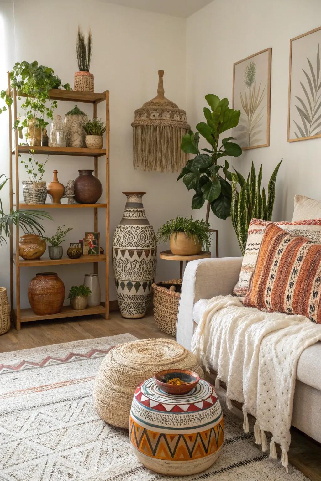 Boho decor highlighting ornamental vases and ceramics.