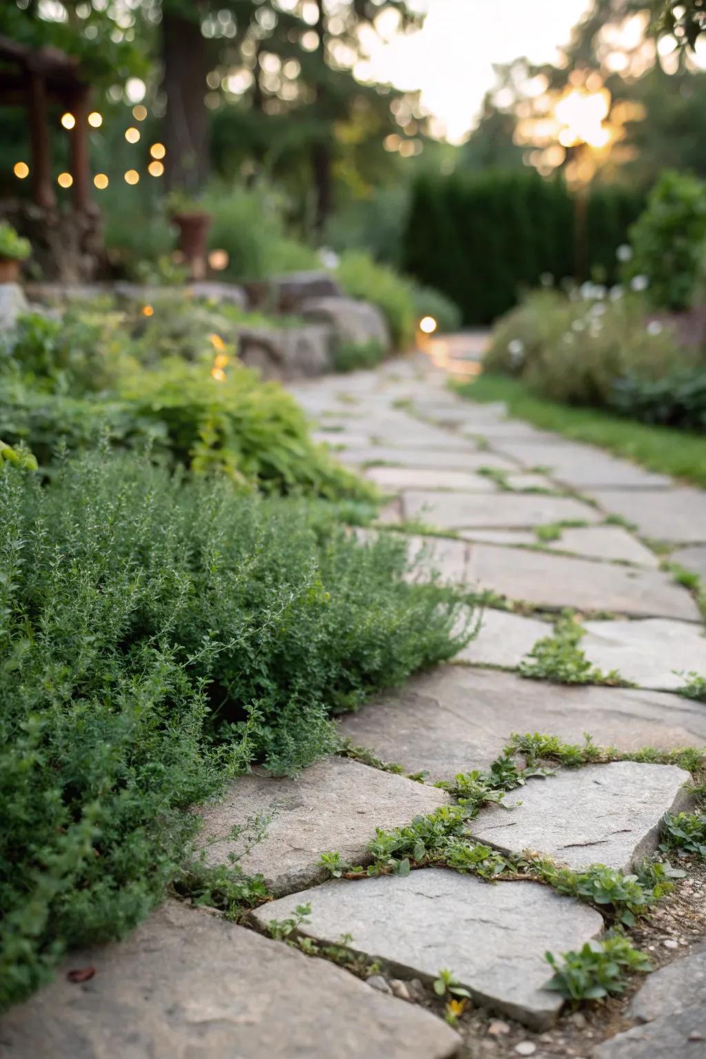 Creeping herbs provide scent and charm to flagstone paths.