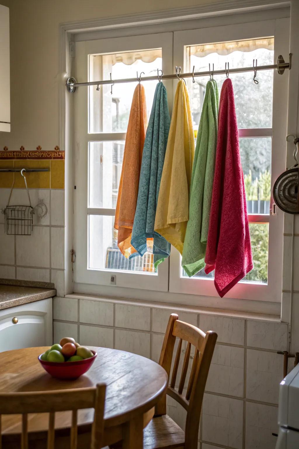 Hang towels above the window for a sunny and ornamental touch.