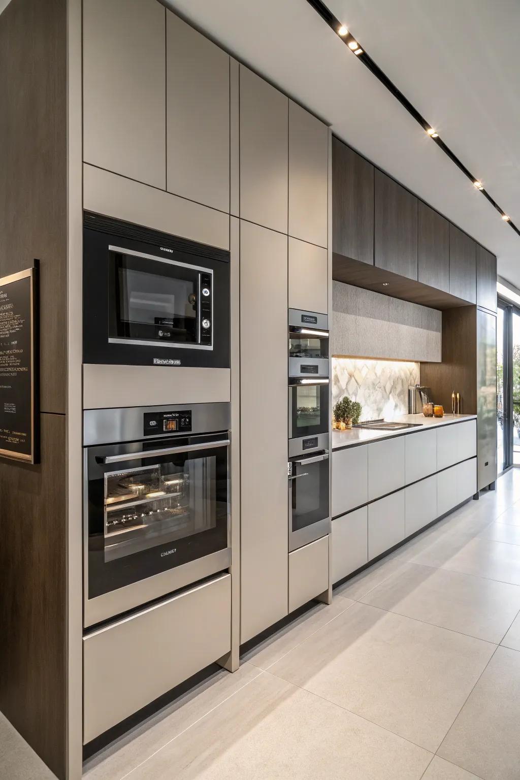 A culinary tool wall featuring an integrated microwave makes a smooth and consistent cooking area.