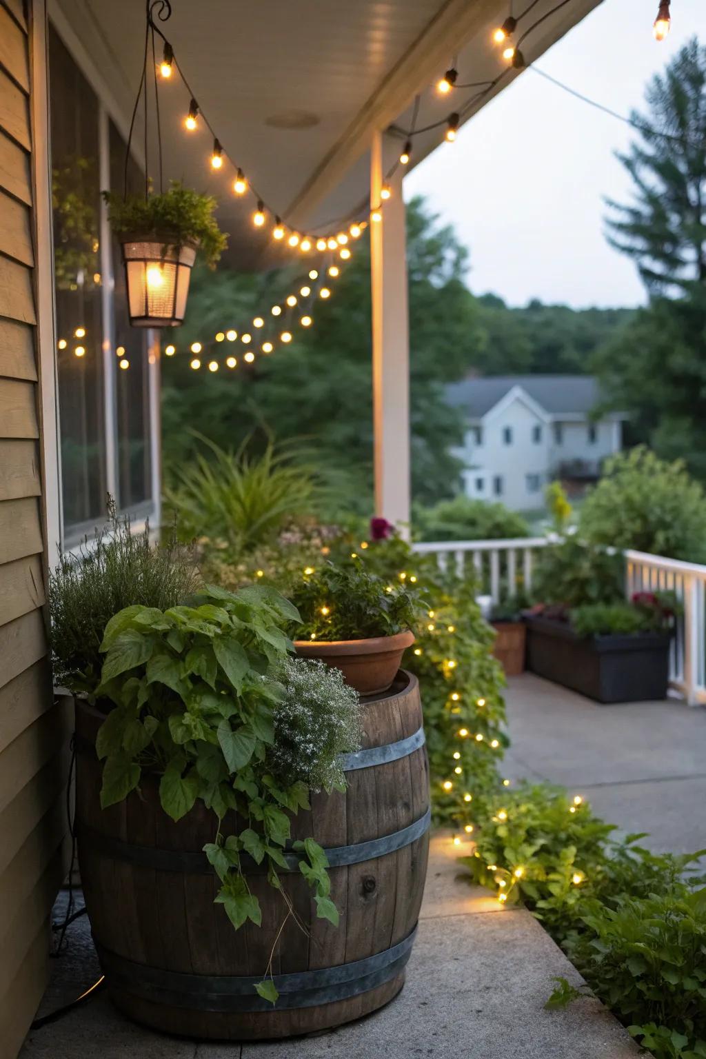 A porch corner oasis with a refurbished cask and strand lights.