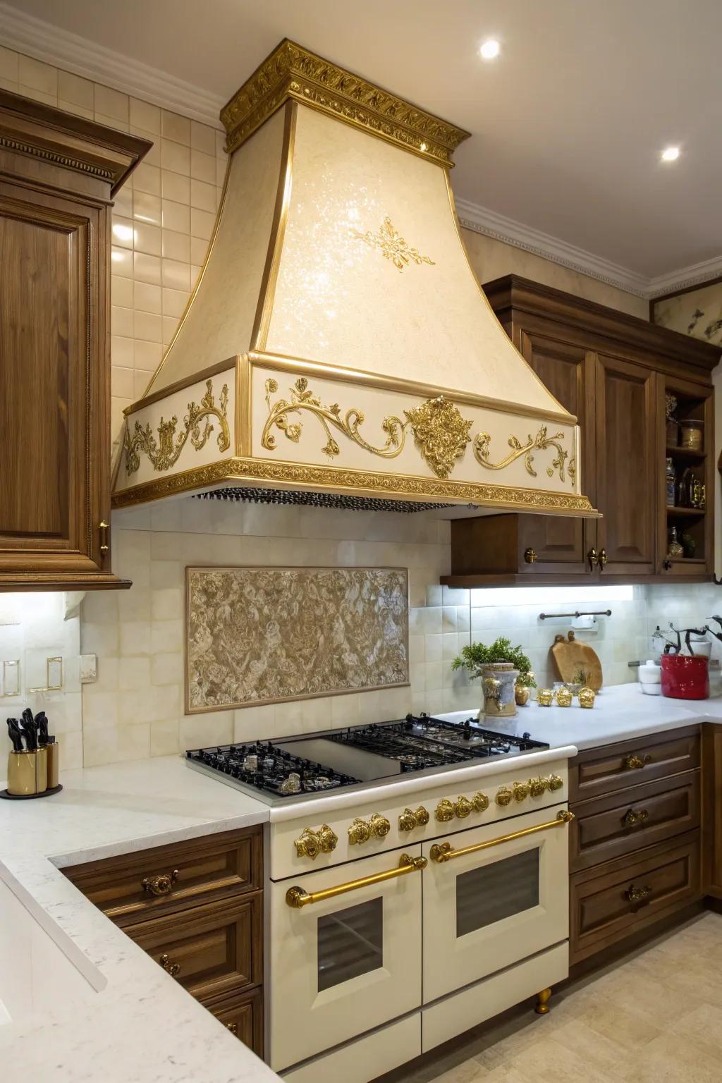 A range hood with gold enhancements injects charm into your cooking area.