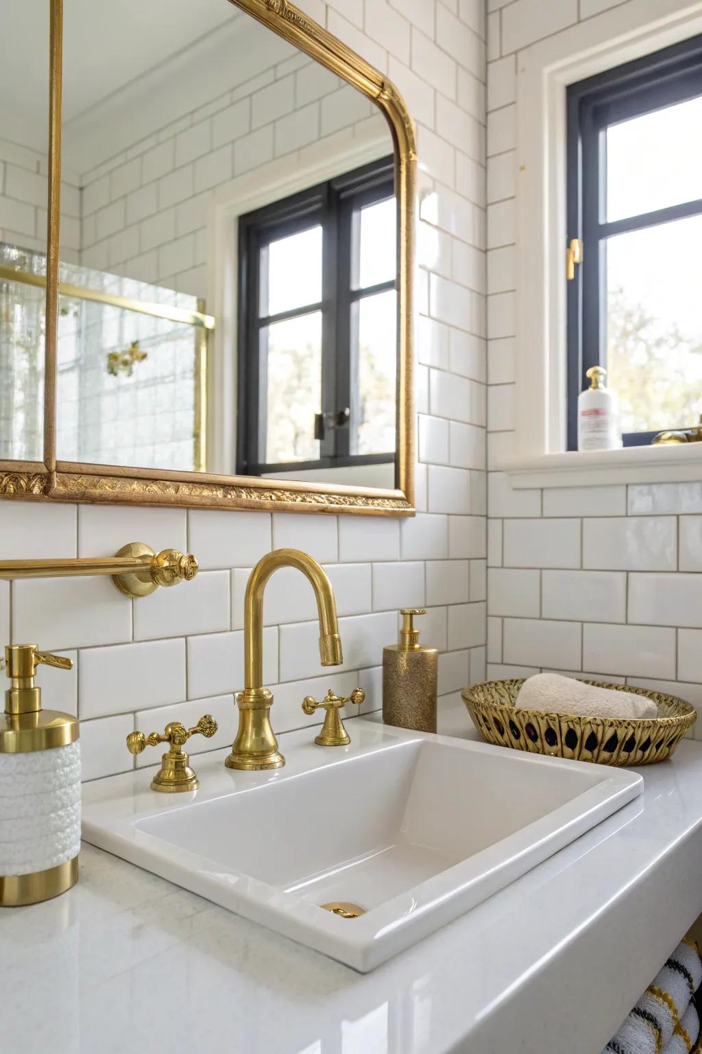 Metallic details infuse a sense of luxury into white tiles.