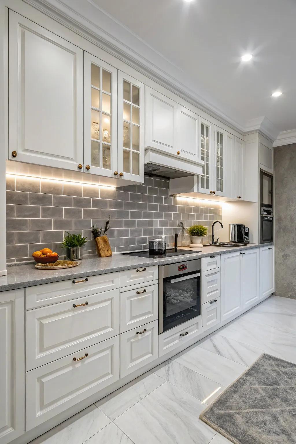 Grey tiles enhancing white cabinets with a modern contrast.