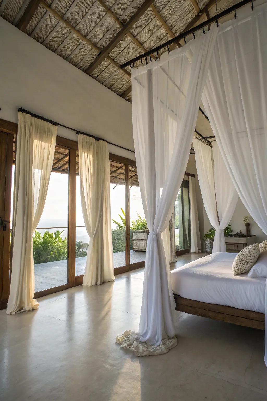 Long ivory drapes evoke a dramatic, height-enhancing effect.