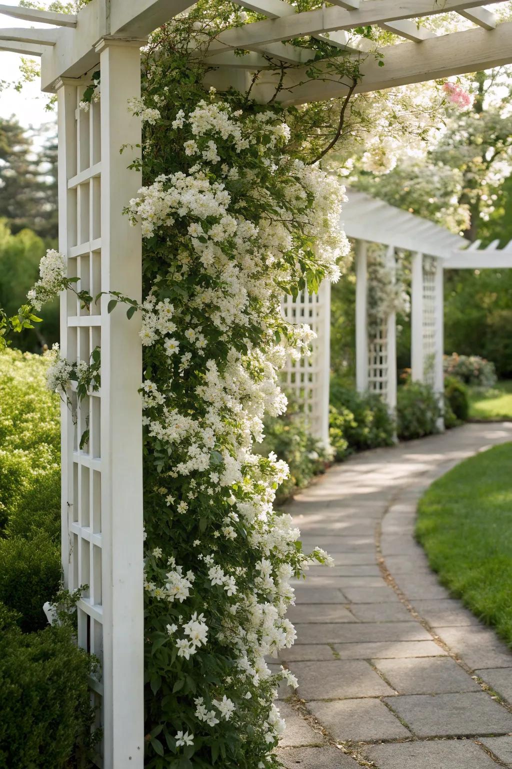 An architectural alabaster frame gracefully supports climbing plants.