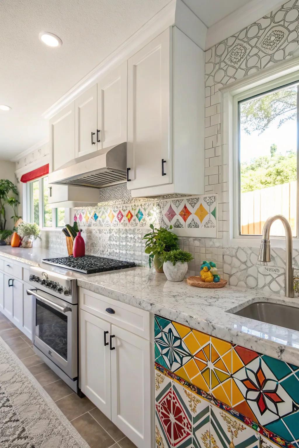 Geometric designs include playful spins to some white ice granite kitchen.