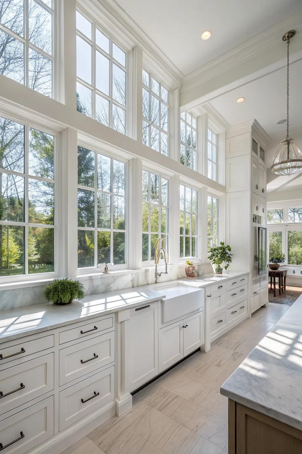 Extensive windows flood the white kitchen with natural light, creating an open, airy atmosphere.