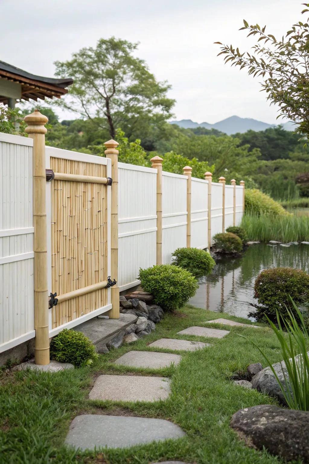 Bamboo accents on a white fence bring nature and peace together.