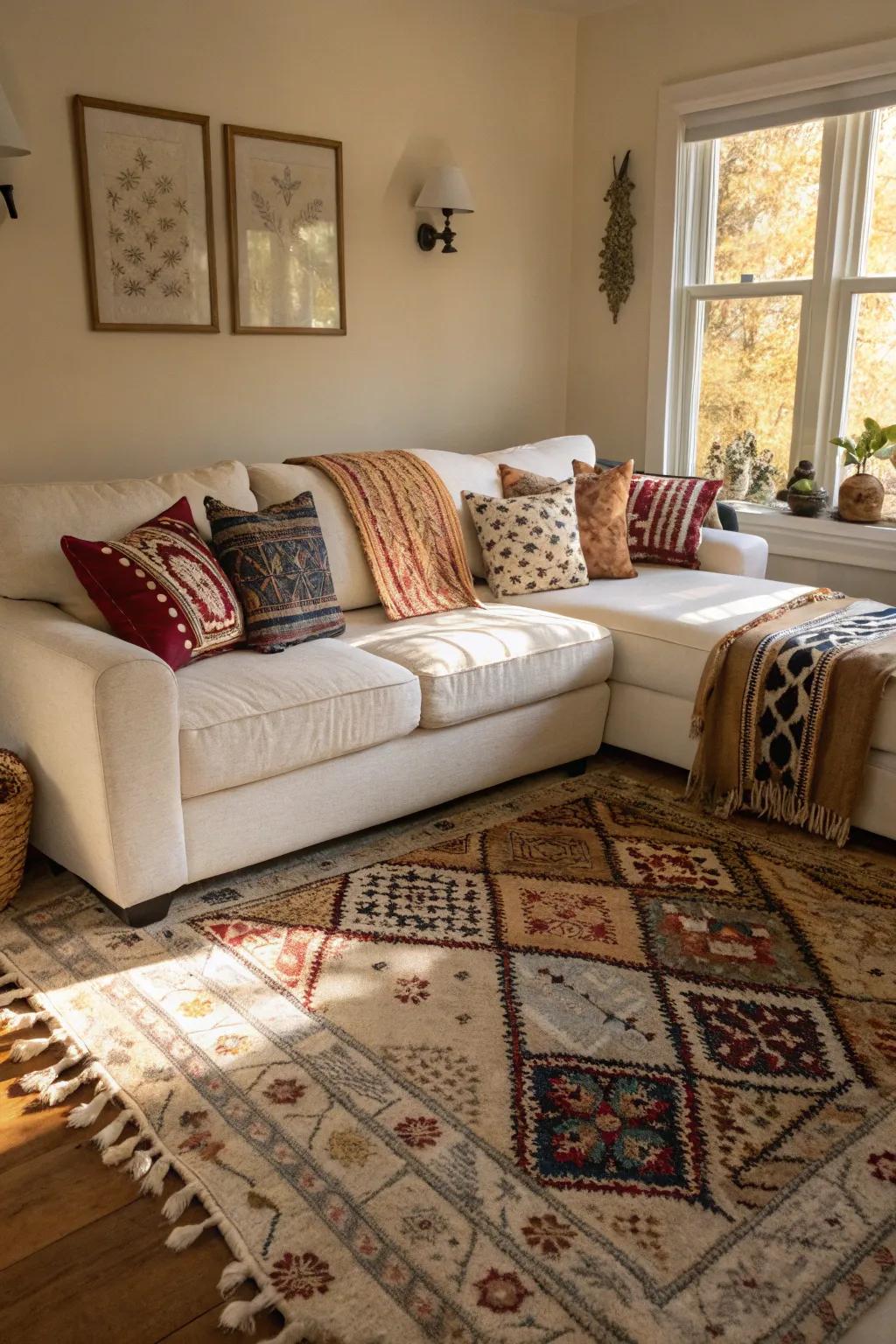 Patterned fabrics introduce playfulness to a living space that features a white modular sofa.