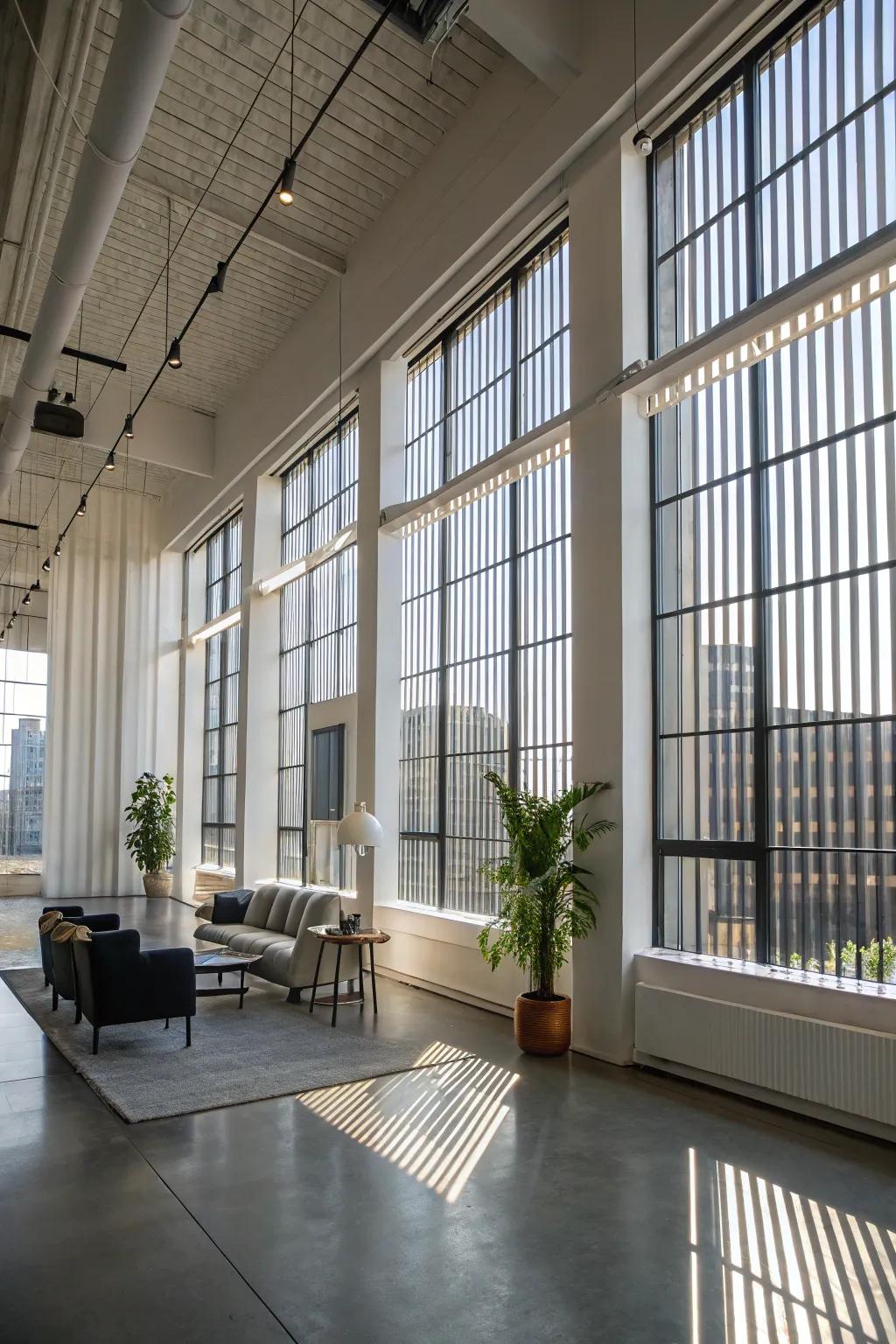 Vertical blinds enhancing the modern aesthetic of a loft.