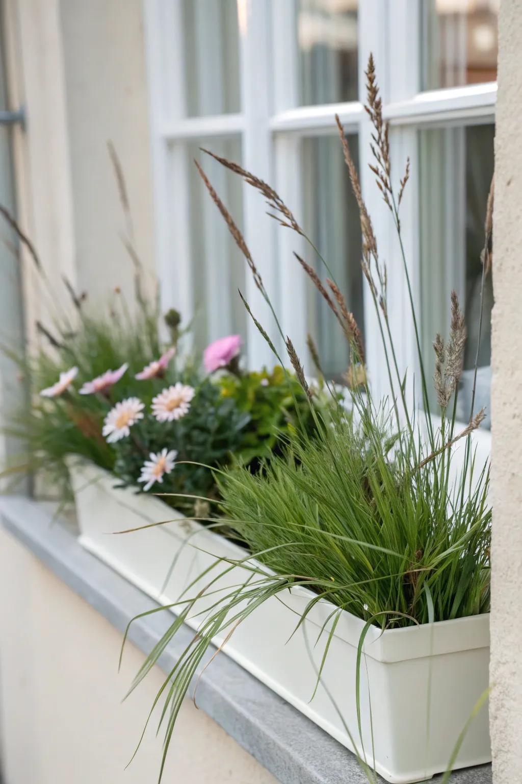 A streamlined minimalist look with grasses and subtle blooms.