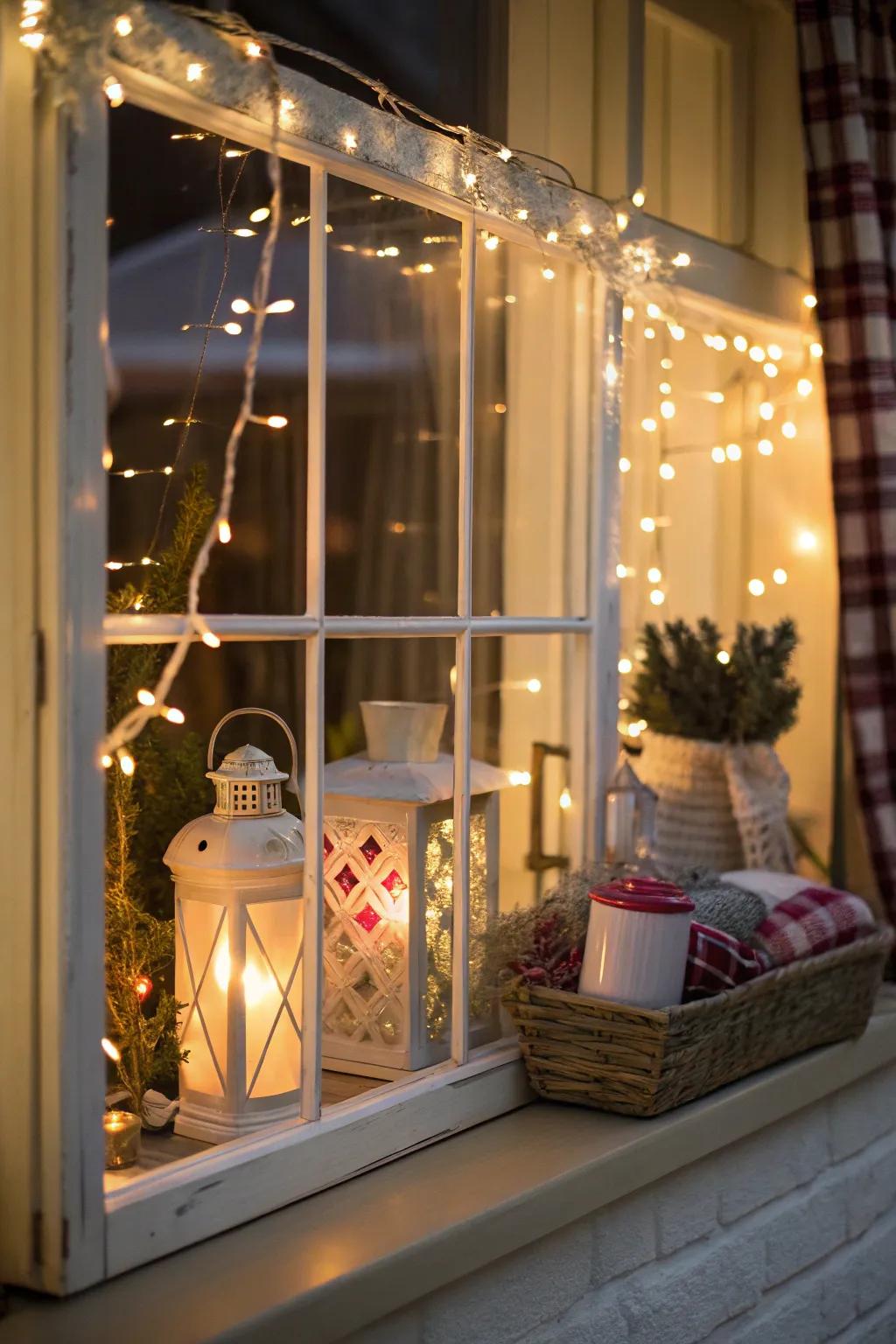 Creative lighting transforms this window into a cozy haven.
