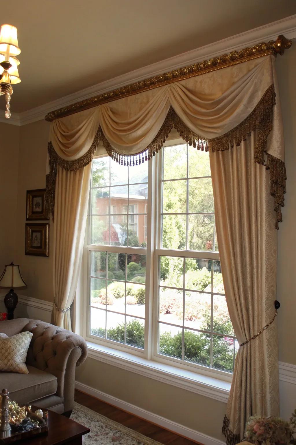 A traditional top treatment provides a polished look to this window.
