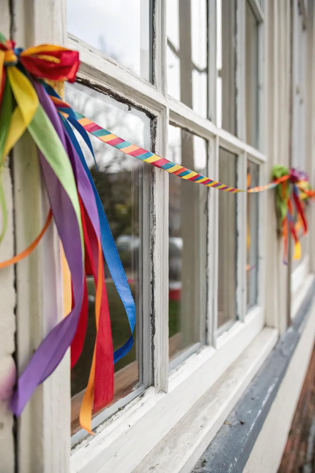 Ribbons add a lively detail to window frame decor.