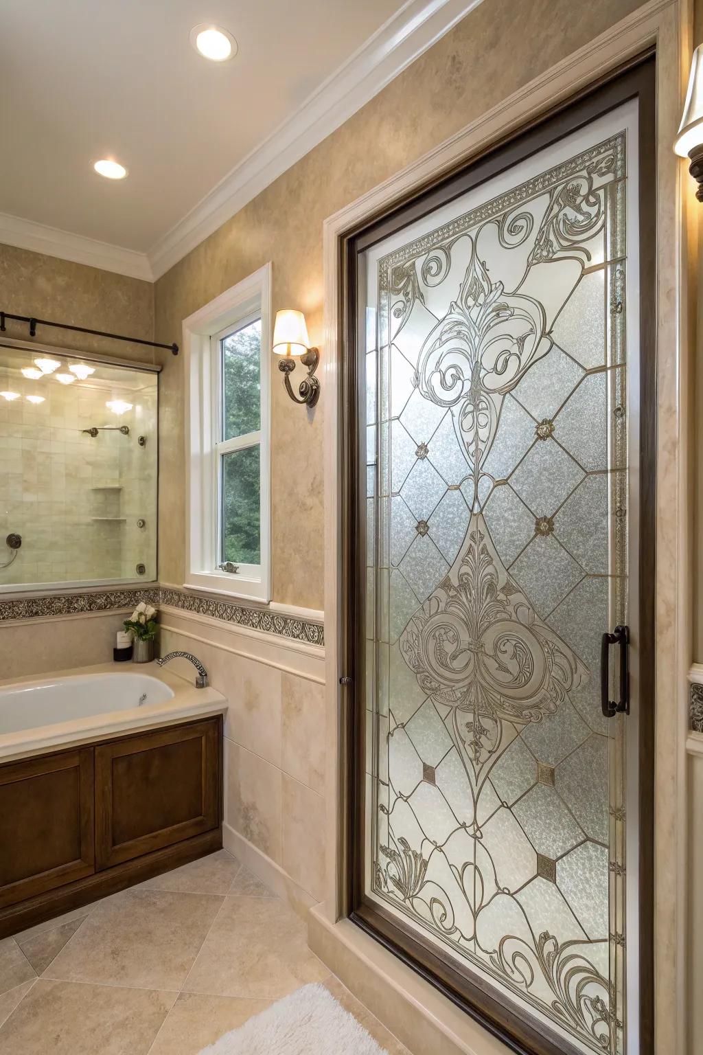 Etched glass adds privacy and artistic beauty to the shower window.