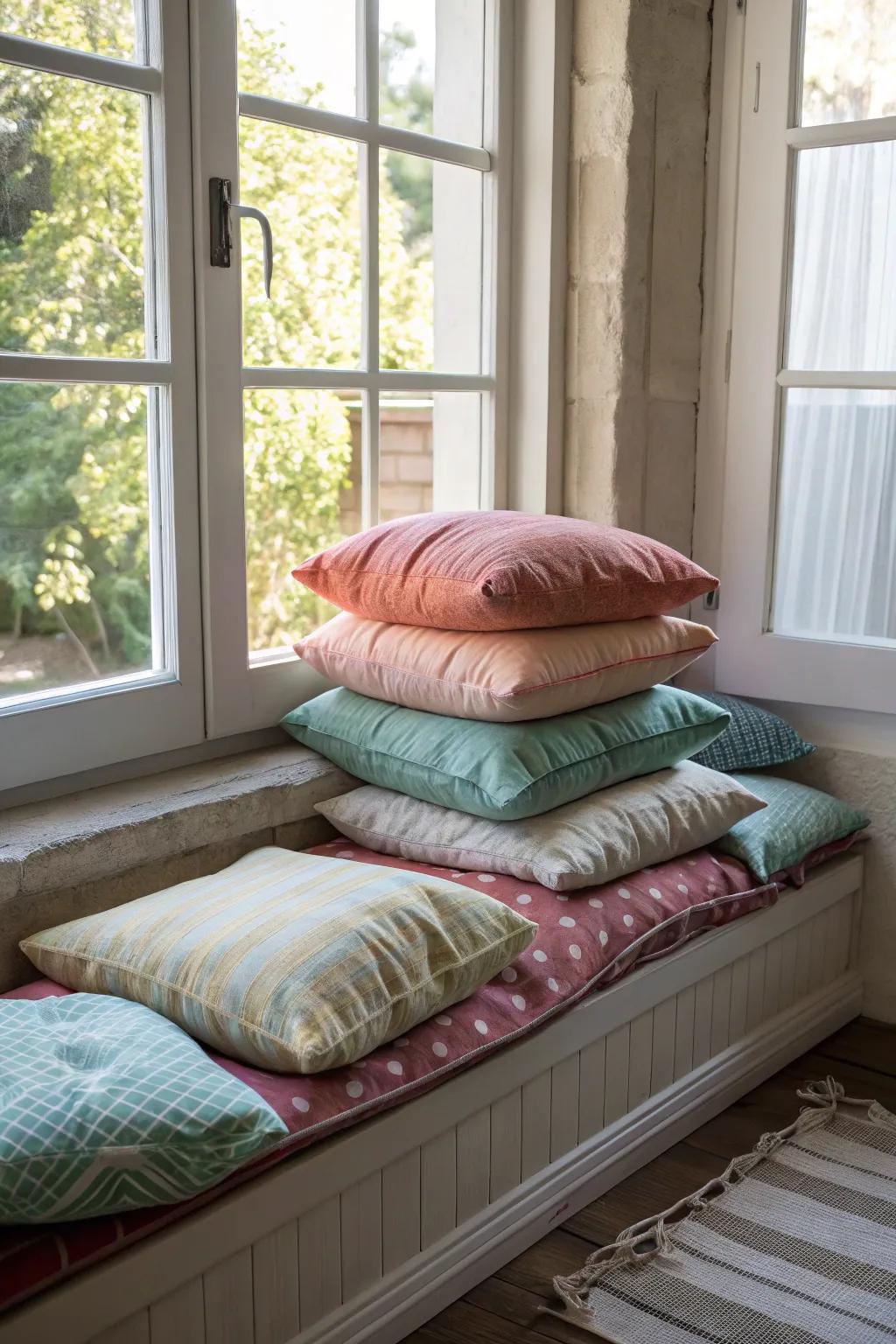 A versatile and economical window seat made from stacked floor cushions.