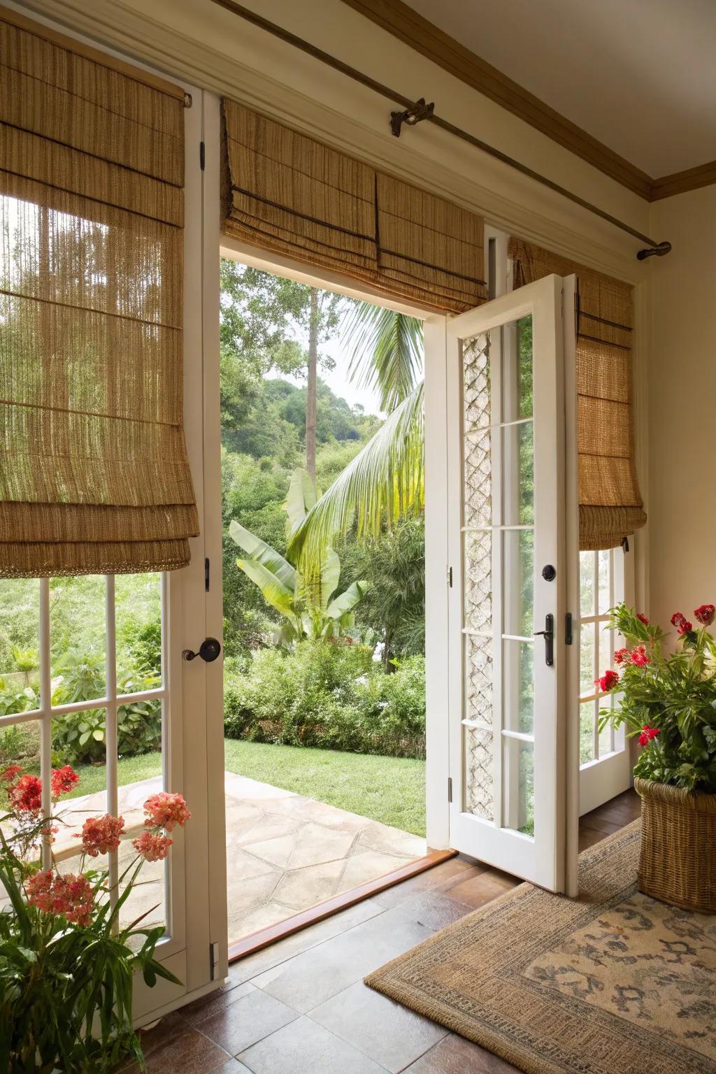 Bamboo blinds convey a breezy, exotic sensation.