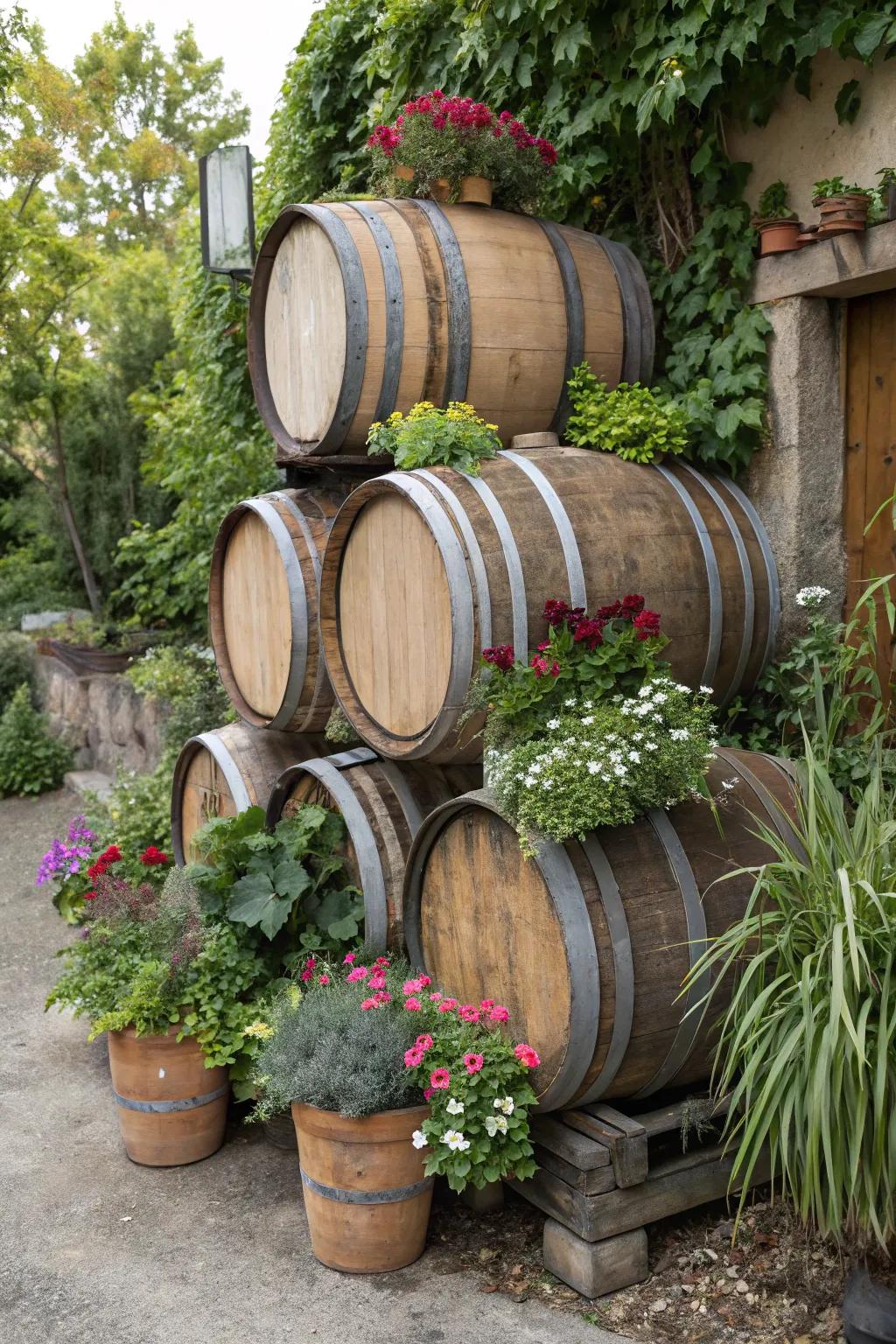 A multi-barrel garden arrangement featuring varied plants.