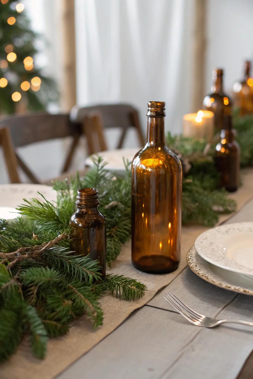 Vintage charm presented using honey-colored glass vials.