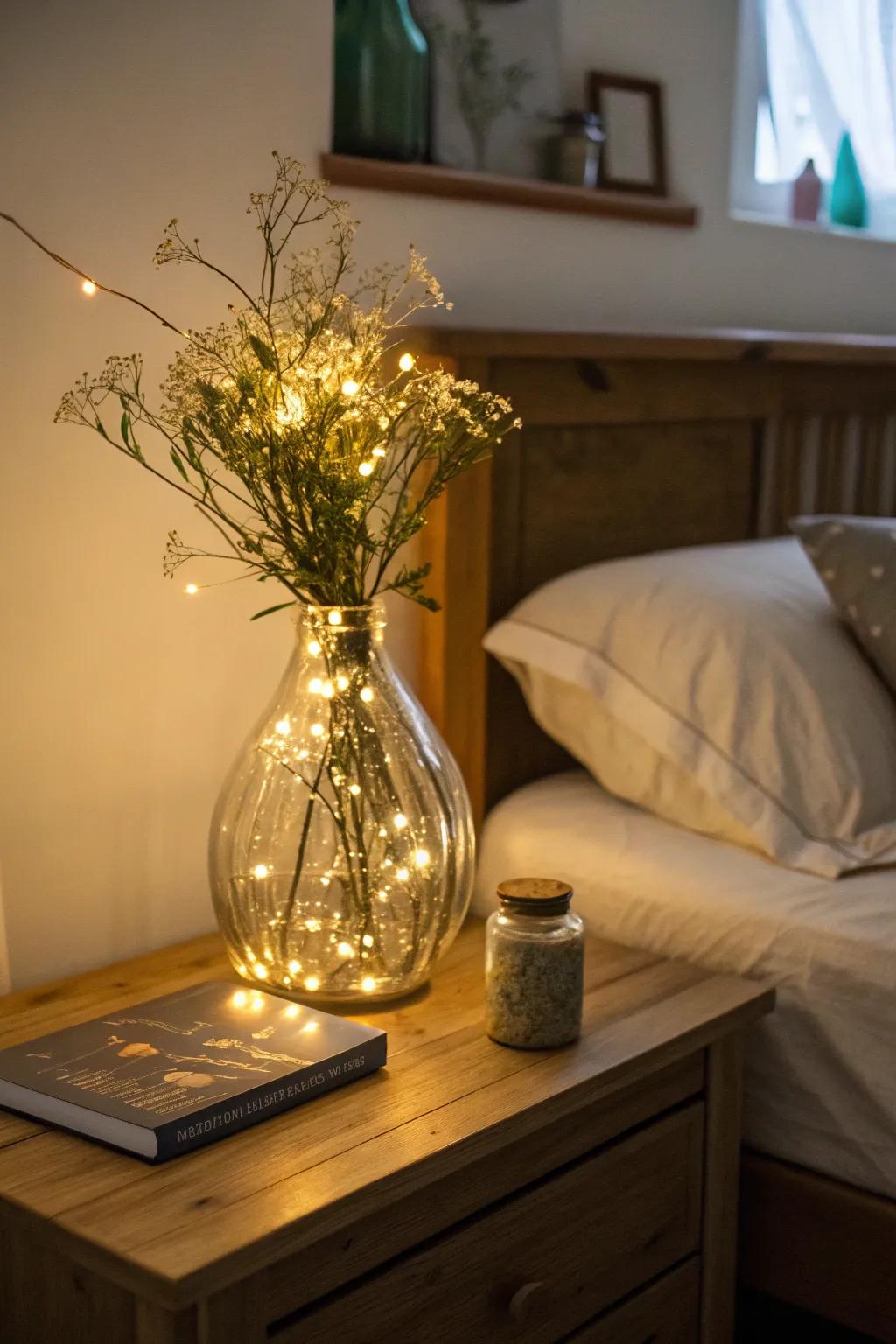 Twinkle lights in a vessel fashion a magical and comforting atmosphere.