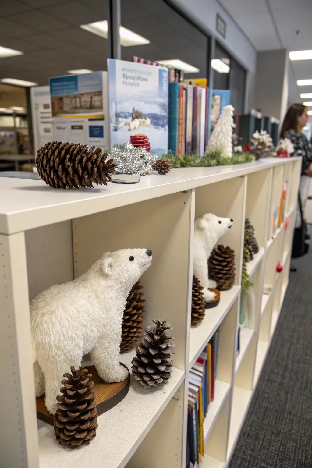 Arctic bears and conifer cones convey a playful, natural feature to your office.