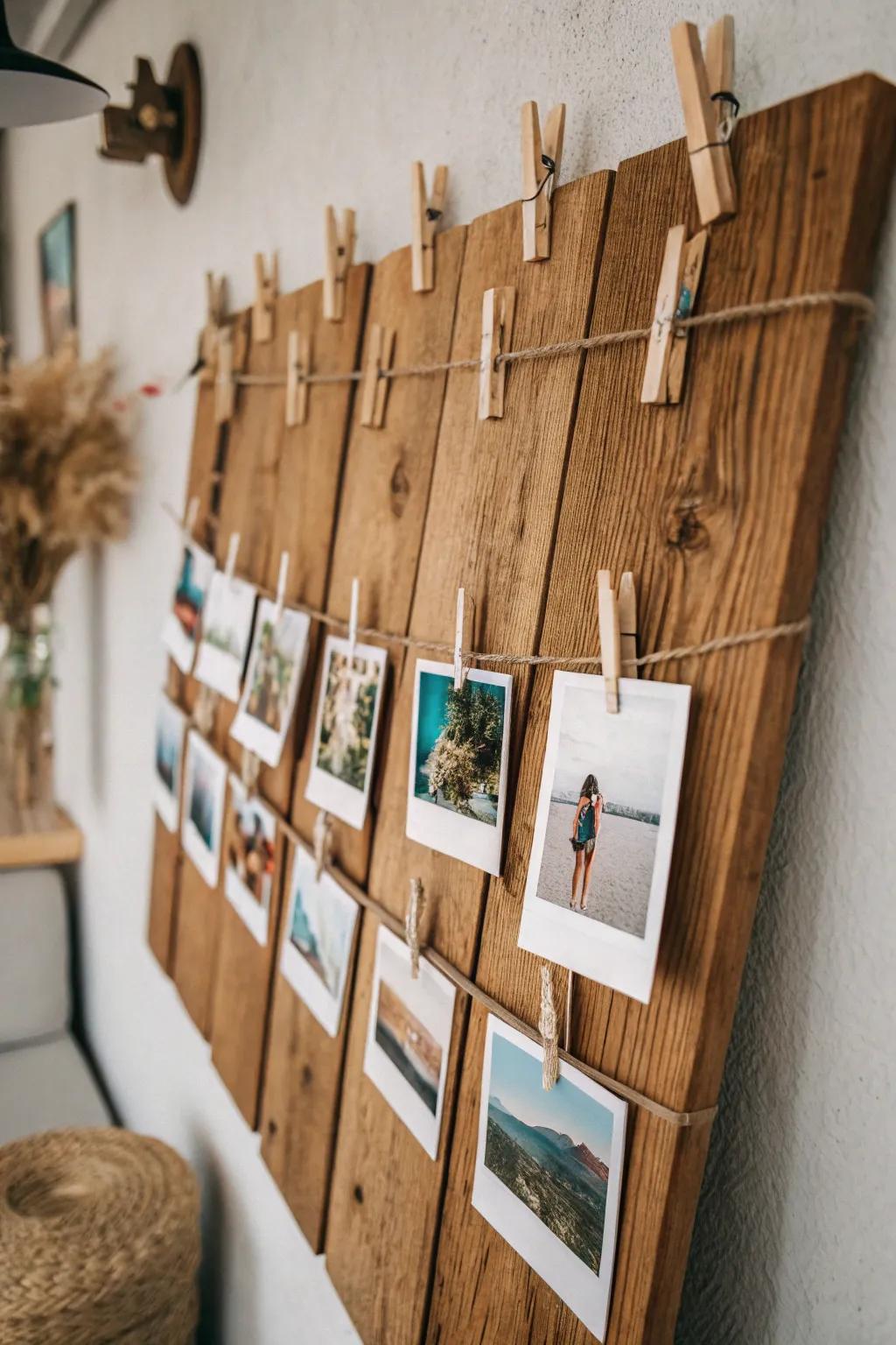 Showcase your memories through a grain plank snapshot display.