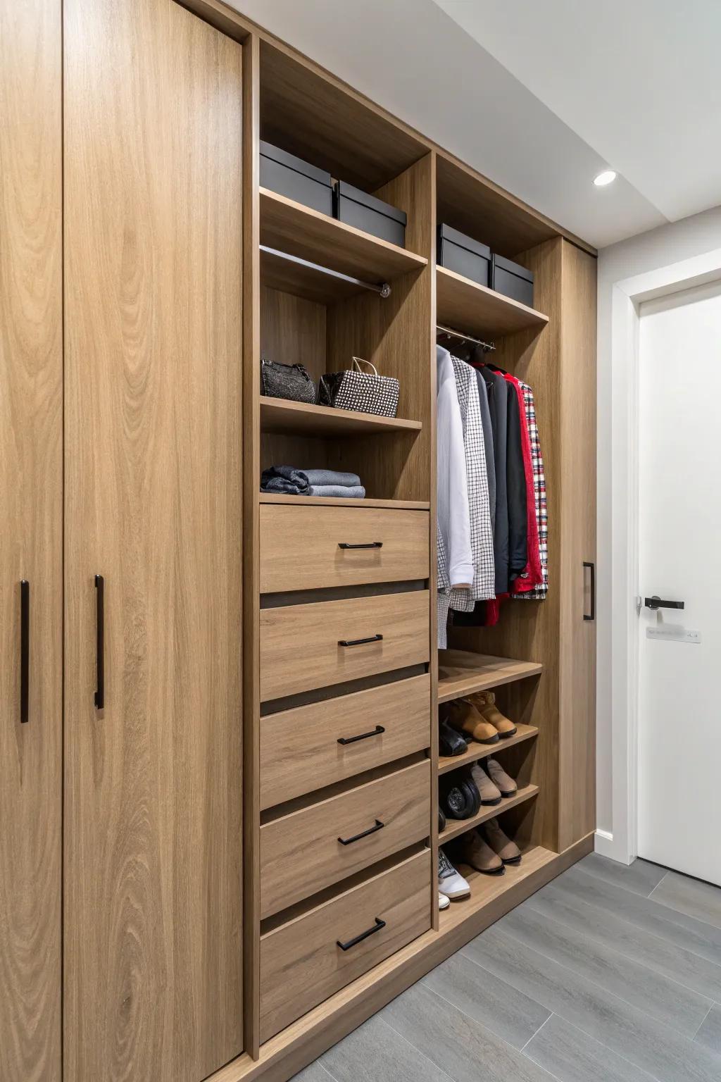 Integrated boxes retain your closet neat and tidy.