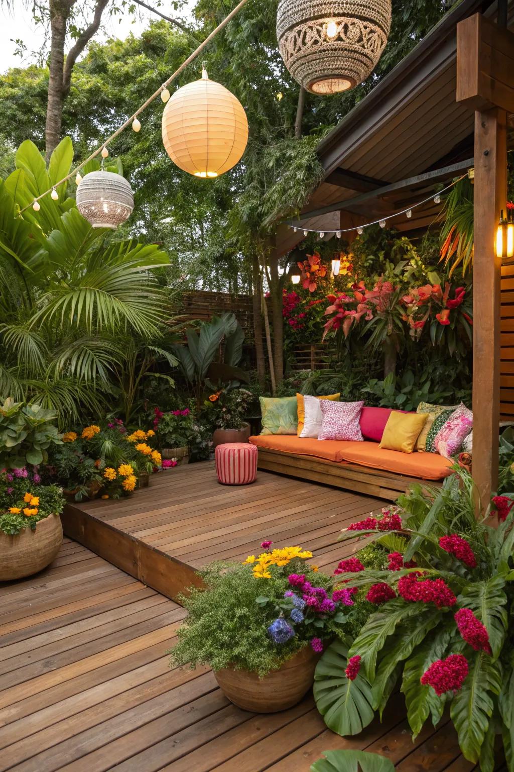 Right at home, a tropical-themed deck offers an exotic getaway.