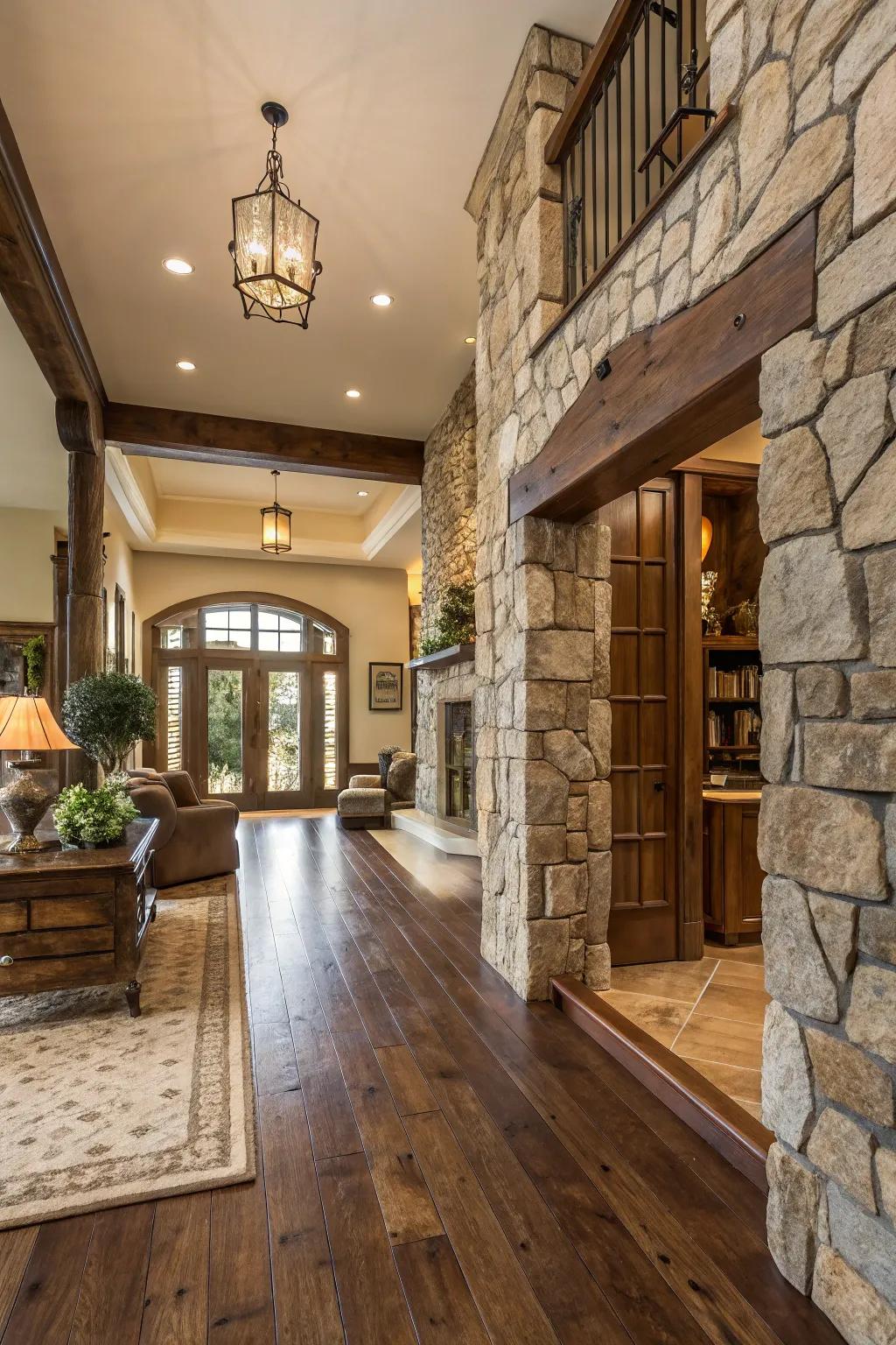 Natural stone features in floor transitions deliver luxury and durability.