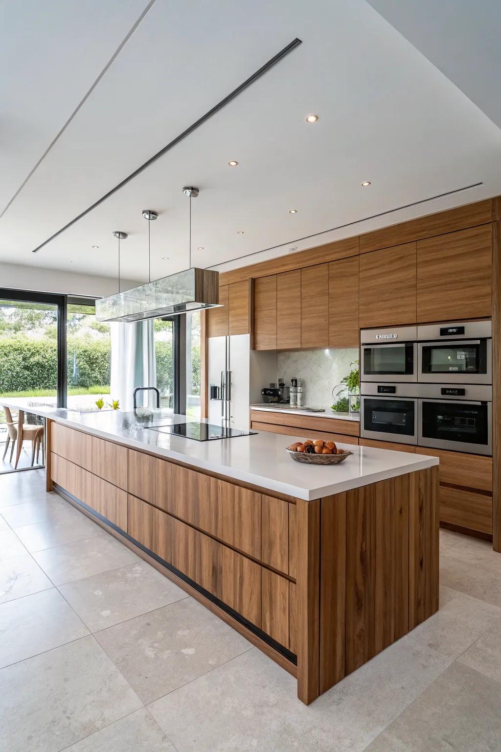 Wood paneling on kitchen islands adds texture and style.