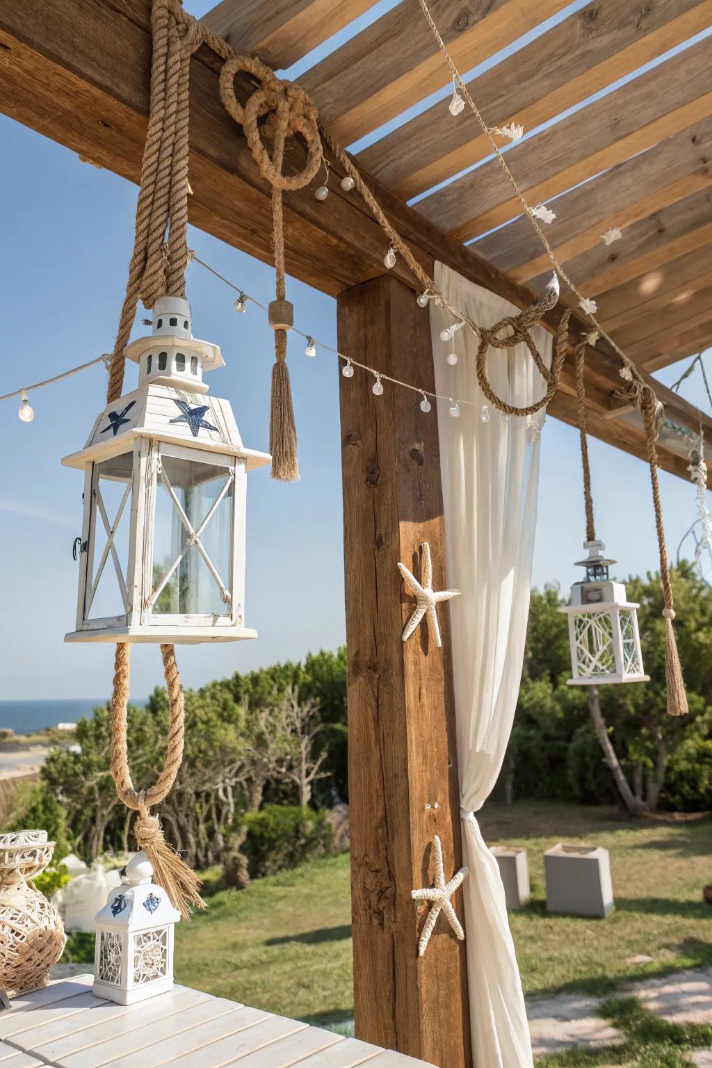A nautical-themed patio shelter imbued with rustic appeal.