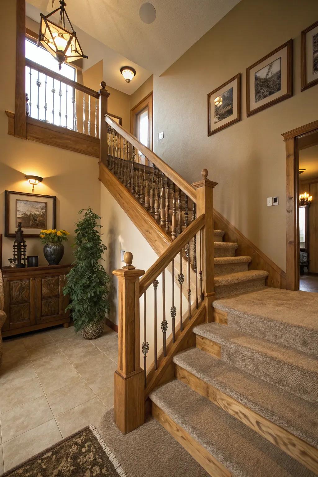 Organic allure: natural wood polish on railings.