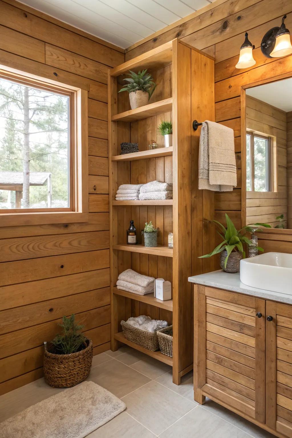 Practical design with built-in racks in wood walls.