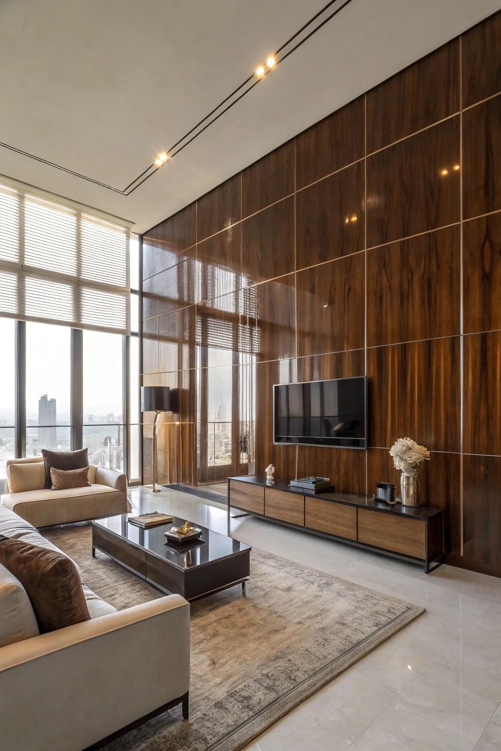 A lounge showcasing striking high-shine timber paneling.