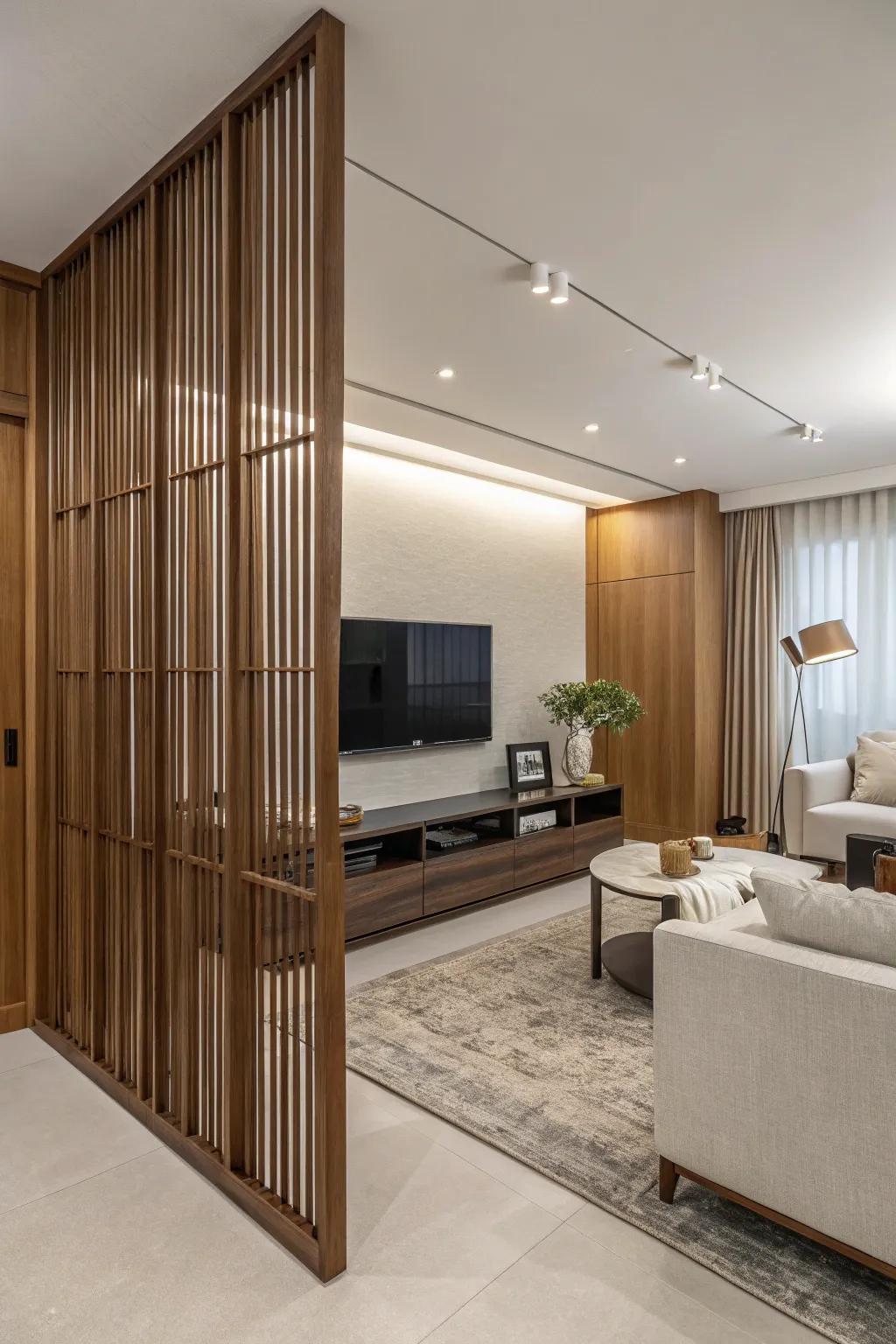 Minimalist screens amplify the modern aesthetic of this lounge.