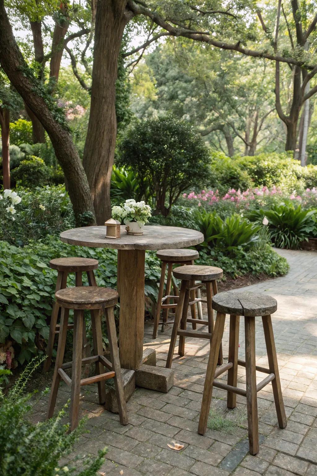 Wooden stools with weather-resistant properties, perfect for outside gatherings.
