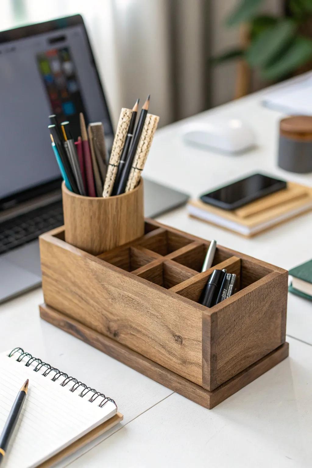 A wooden pen stand that adds sophistication to workspace organization.