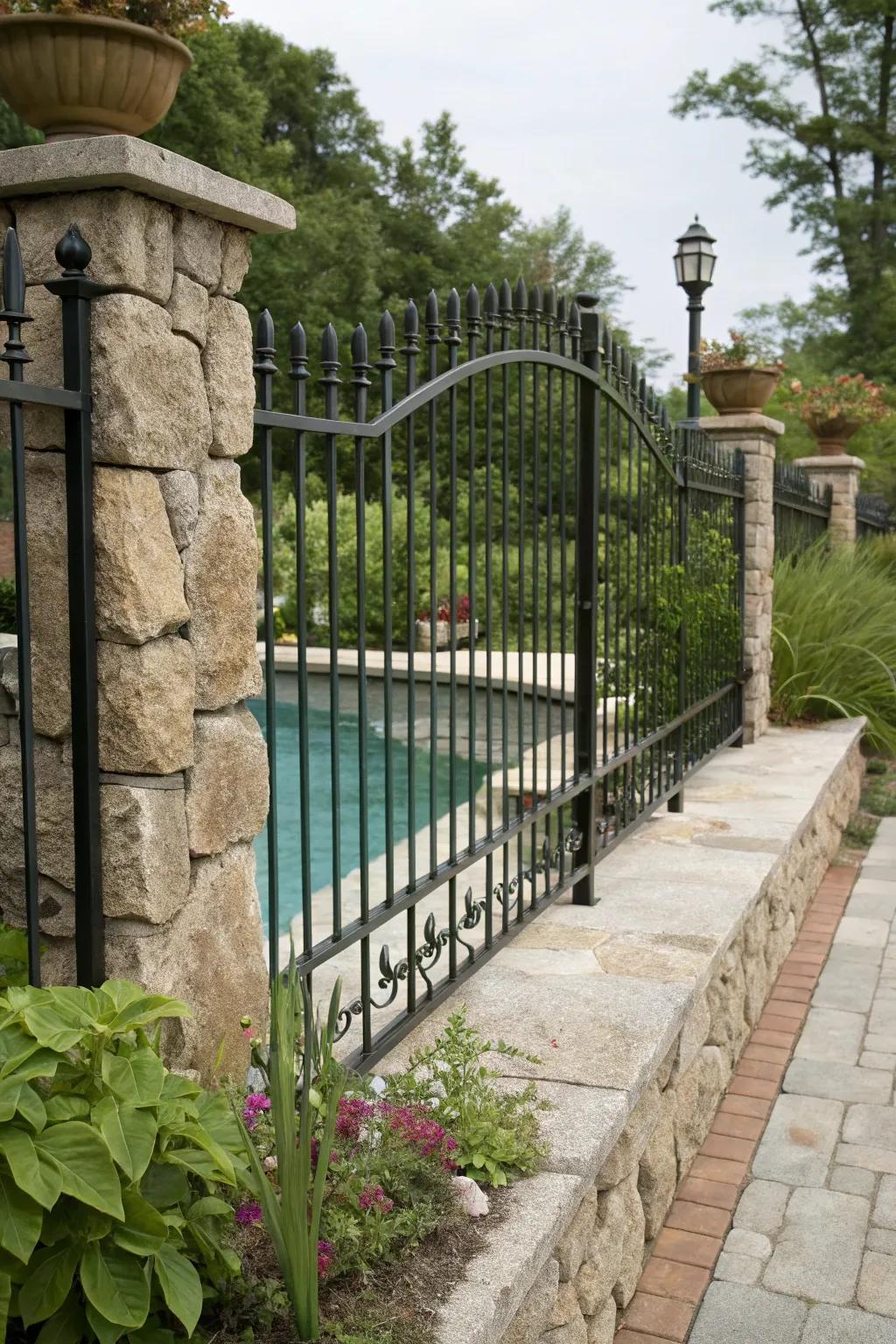 Textured finishes on the forged metal fence mimic natural elements.