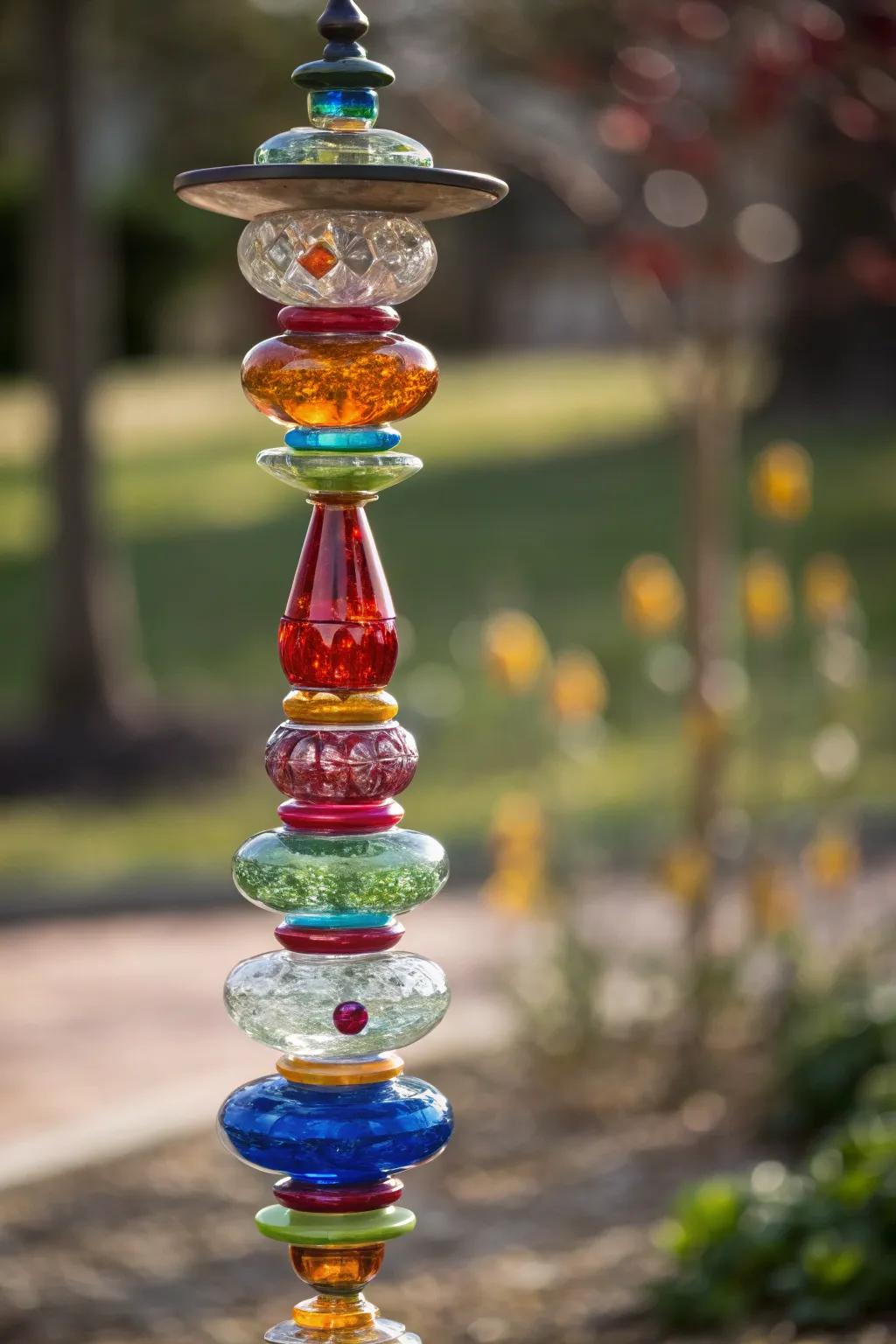 Glass garden columns inject a splash of color into this garden.