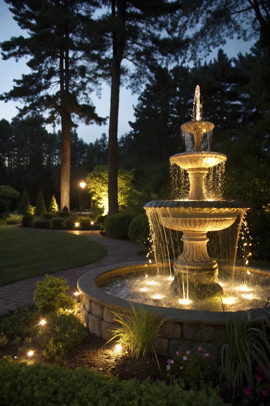 A lighted waterfall fountain casting a magical nighttime glow.