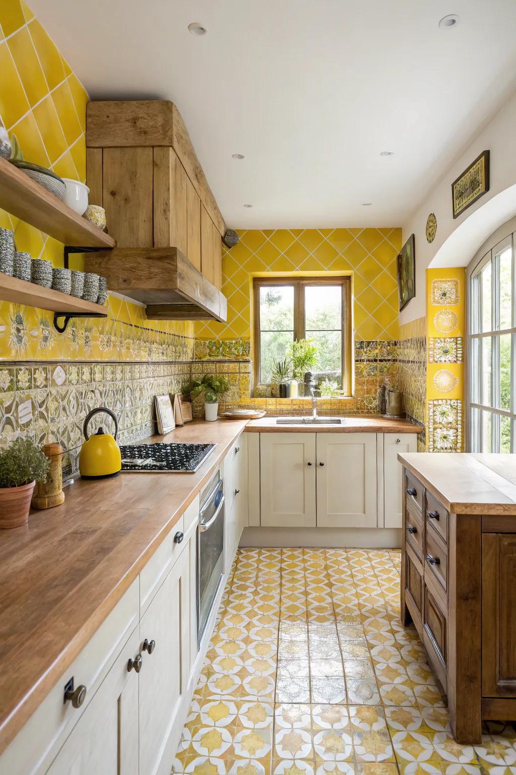 An eclectic mix of goldenrod tiles creates a standout backsplash.