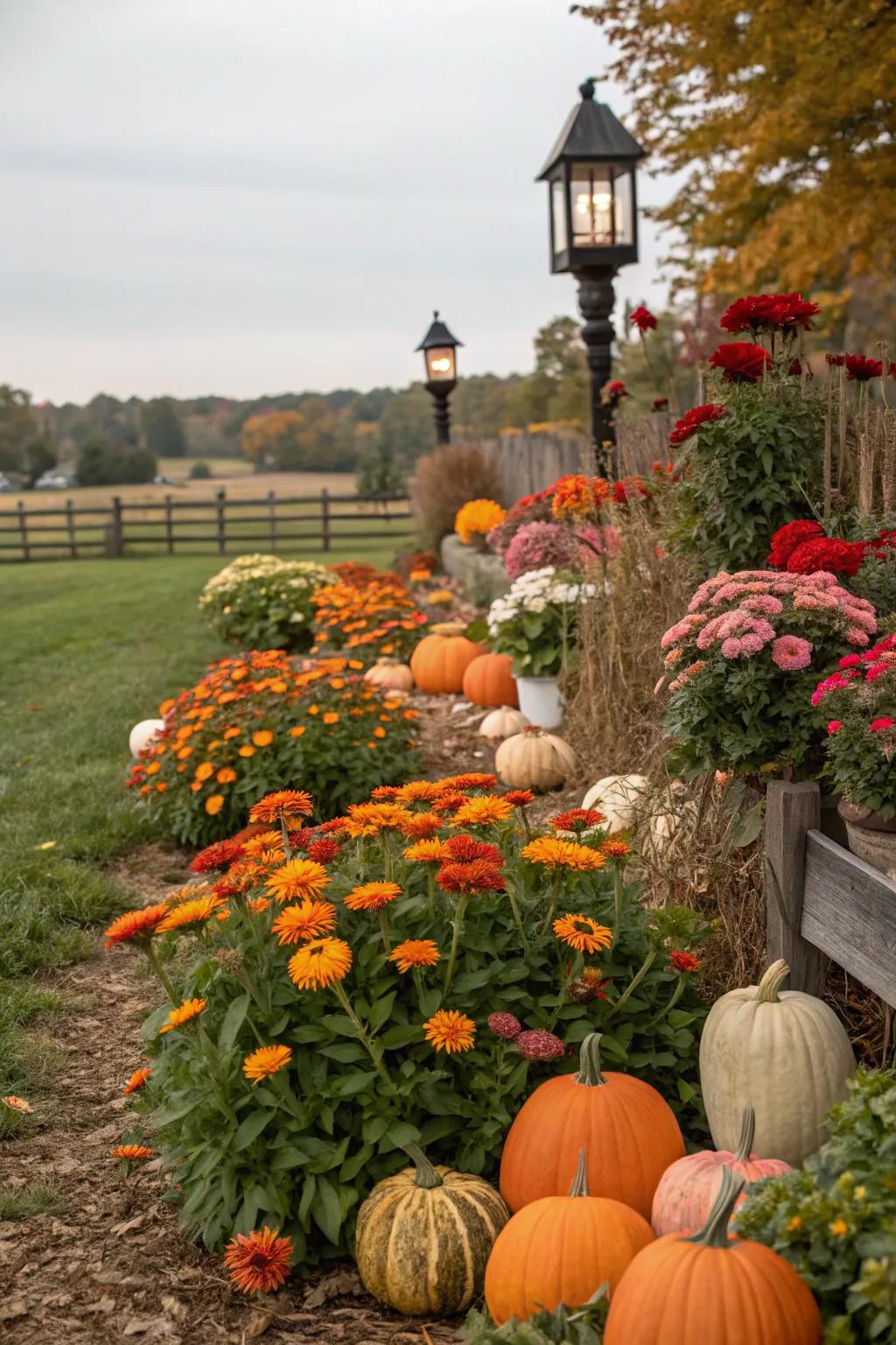 Seasonal charm in a zinnia garden featuring pumpkins and lanterns.